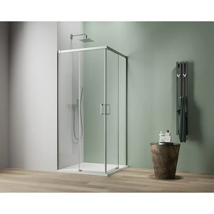 Camargue Roma Mix & Match Eckdusche - L x B x H: 80 x 80 x 195 cm, Beschichtet, Silberglanz, Glasstärke: 6 mm - Abgebildet ist eine Duschkabine mit klaren Glaswänden und einem silbernen Rahmen, die ein modernes Badezimmerdesign hervorhebt.