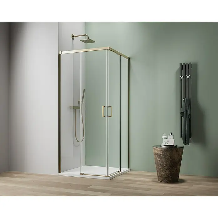 Camargue Roma Mix & Match Eckdusche - L x B x H: 90 x 90 x 195 cm, Beschichtet, Brushed Gold, Glasstärke: 6 mm - Elegante Duschkabine mit goldenen Akzenten und klarem Glas. Das moderne Design fügt sich nahtlos in jedes Badezimmer ein.