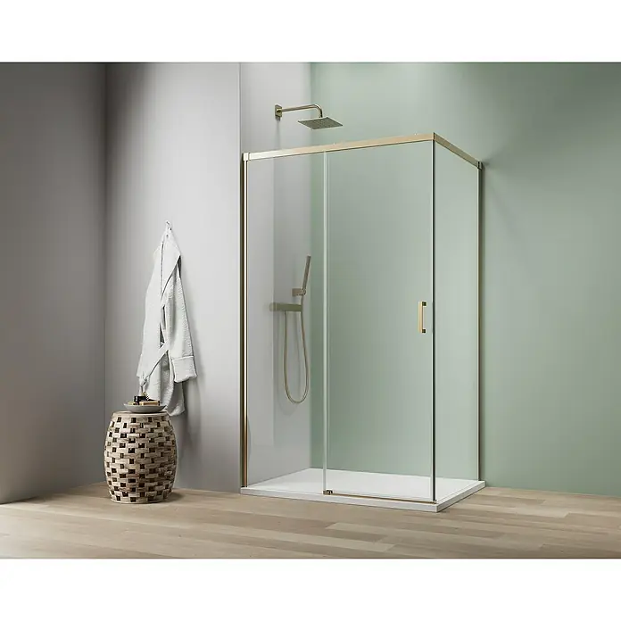 Camargue Roma Mix & Match Eckdusche - L x B x H: 90 x 140 x 195 cm, Beschichtet, Brushed Gold, Glasstärke: 6 mm, DIN Anschlag: Links - Duschkabine mit klaren Glaswänden und goldenen Beschlägen. Eleganter Akzent für moderne Badezimmer.