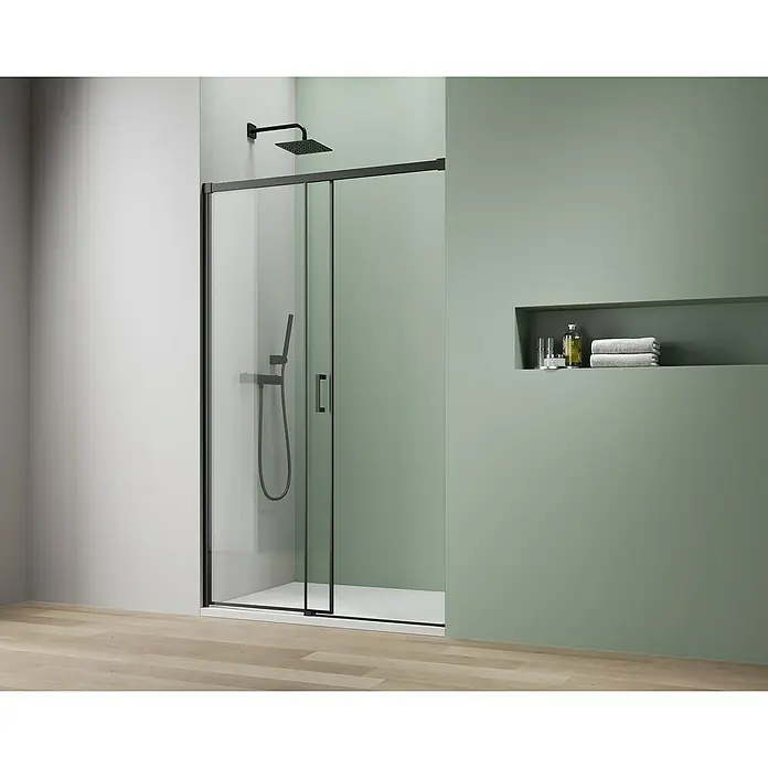 Camargue Roma Mix & Match Nischendusche - 140 x 195 cm, Beschichtet, Schwarz, 6 mm - Ein stilvolles Badezimmer mit einer modernen Duschkabine mit schwarzem Rahmen, die das minimalistische Design des Raumes hervorhebt.