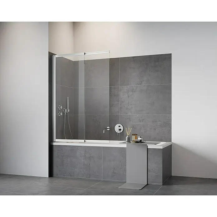 Camargue Badewannenaufsatz - B x H: 100 x 140 cm, Chrom - Moderne Badewanne mit Duschabtrennung aus Glas und grauen Fliesen. Elegantes Badezimmerdesign mit minimalistischem Flair für ein entspannendes Ambiente.