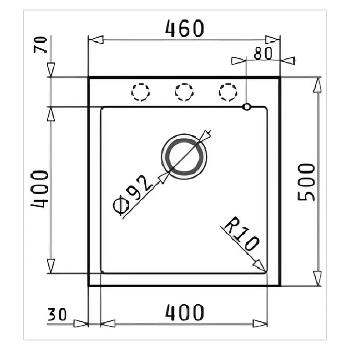 Pyramis Einbauspüle Istros - B x L: 46 x 50 cm, Schwarz - Technische Zeichnung eines eckigen Spülbeckens mit Außenmaßen 460x500mm, Becken 400x400mm, R10 Ecken und Ø92 Abfluss.