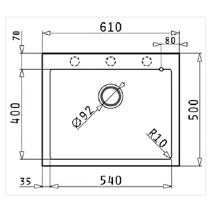 Pyramis Einbauspüle Istros - B x L: 61 x 50 cm, Schwarz - Technische Zeichnung einer Einzelbecken-Küchenspüle mit Maßen: außen 610x500mm, Becken 540x400mm, Ablauf Ø92mm, R10 Ecken.