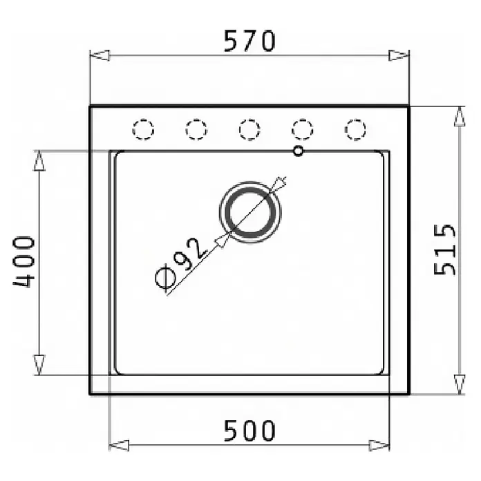 Pyramis Einbauspüle Siros - 57 x 51,5 cm, Schwarz - Technische Zeichnung einer rechteckigen Küchenspüle, 570x515mm gesamt, mit einem Becken (500x400mm), Ø92mm Abfluss und Hahnlöchern.