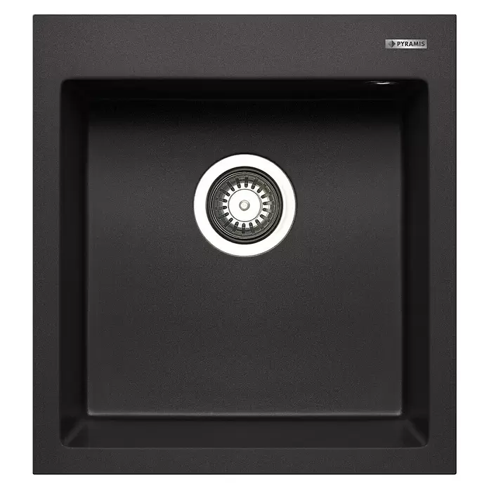 Pyramis Einbauspüle Istros - B x L: 46 x 50 cm, Schwarz - Schwarze Granit-Spüle für die Küche mit rundem Edelstahl-Siebkorb.