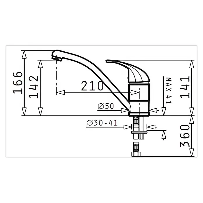 Pyramis Grifo de cocina Modo - Negro, Mate - Dibujo técnico de un grifo de cocina o baño con dimensiones detalladas para la instalación.
