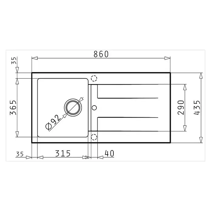 Pyramis Einbauspüle Athlos - 86 x 43,5 cm, Schwarz, Anzahl Becken: 1 Stk. - Technische Zeichnung eines rechteckigen Spülbeckens (860x435 mm) mit Becken (365x315 mm) und Ø92 Abfluss.
