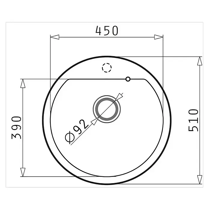 Pyramis Einbauspüle Alazia - Durchmesser: 51 cm, Schwarz - Technischer Plan eines ovalen Keramik-Waschbeckens, Draufsicht. Maße: 450x510mm, Ablauf Ø92mm.
