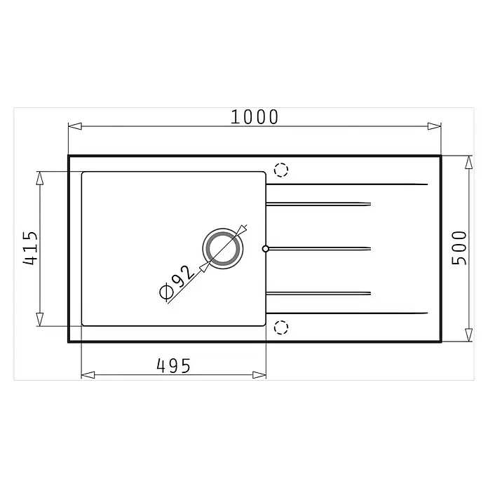 Pyramis Einbauspüle Alazia Plus - 100 x 50 cm, Schwarz - Technische Zeichnung einer rechteckigen Spüle mit Einzelbecken, Ø92mm Ablauf und Abtropffläche. Gesamtmaße: 1000x500mm.