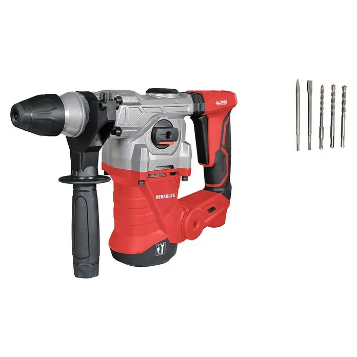 Herkules Martillo perforador DH1300PLUS - 1.250 W, 5 J, Alojamiento SDS-Plus - Imagen de un martillo perforador Herkules con varias brocas. Potente herramienta para aficionados al bricolaje y profesionales.