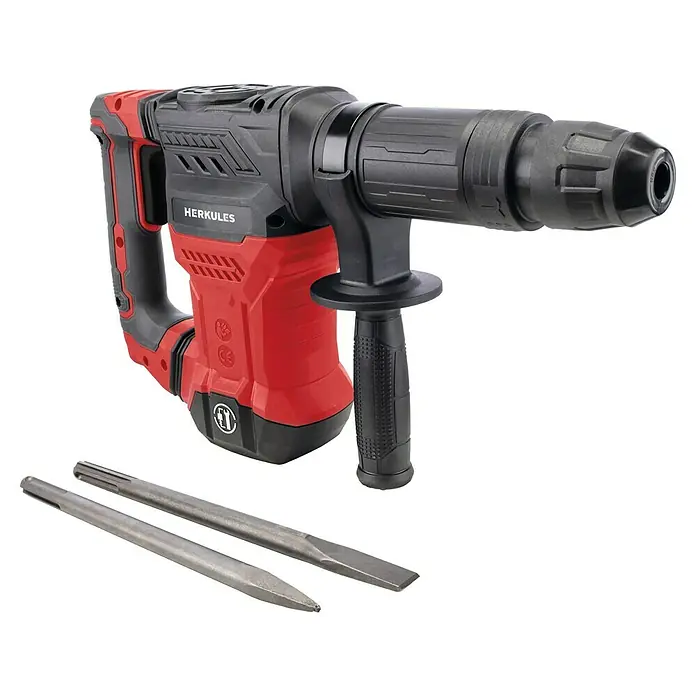 Herkules Martillo demoledor AB1500X - 1.300 W, 20 J, Alojamiento SDS-MAX - Primer plano de un martillo perforador Herkules con cinceles. La herramienta es roja y negra.