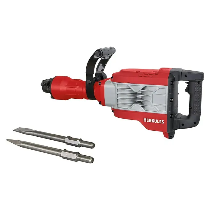 Herkules Martillo demoledor AB1900 - 1.900 W, 60 J, Alojamiento SDS-Hex - Imagen de un martillo demoledor HERCULES con cinceles. La herramienta es roja y gris con un mango negro.