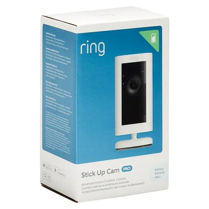Ring Akku-Überwachungskamera Stick Up Cam Pro Außen - Weiß, Batteriebetrieben - Ring Stick Up Cam Pro: Fortschrittliche Kamera für Innen- und Außenbereiche mit Akku und Farb-Nachtsicht für mehr Sicherheit.