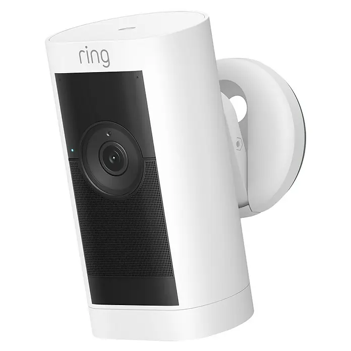 Ring Akku-Überwachungskamera Stick Up Cam Pro Außen - Weiß, Batteriebetrieben - Ein weißer Ring Spotlight Cam, eine kabellose Sicherheitskamera für den Außenbereich mit Bewegungserkennung und LED-Scheinwerfern.