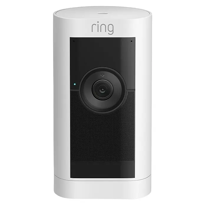 Ring Akku-Überwachungskamera Stick Up Cam Pro Außen - Weiß, Batteriebetrieben - Das Ring Spotlight Cam Pro-Gerät in Weiß, eine Sicherheitskamera für den Außenbereich mit fortschrittlichen Funktionen, die zuverlässig schützt.