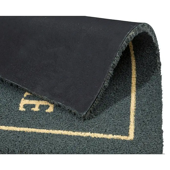 Astra Coco Fußmatte Style Welcome - 40 x 60 cm, Schwarz, Material Nutzschicht: 100 % Kokos, Welcome, Kokos - Detailaufnahme einer grauen Fußmatte mit gelbem Rand und schwarzer Rückseite.