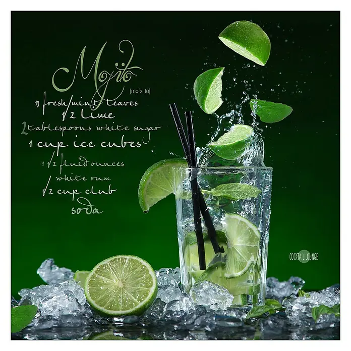 Glasbild - Cocktails II, B x H: 50 x 50 cm - Ein erfrischender Mojito mit Limetten und Minze, perfekt für einen entspannten Abend in der Cocktail Lounge.