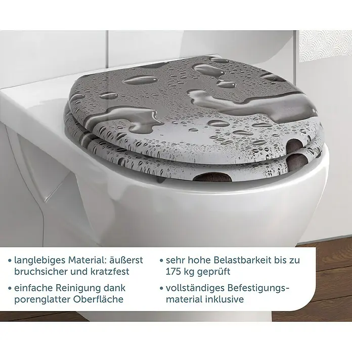 Schütte WC-Sitz Grey Steel - MDF, Grau, Ohne Absenkautomatik - Bild eines WC-Sitzes mit Wassertropfen-Design, der durch langlebiges Material, einfache Reinigung und hohe Belastbarkeit überzeugt.