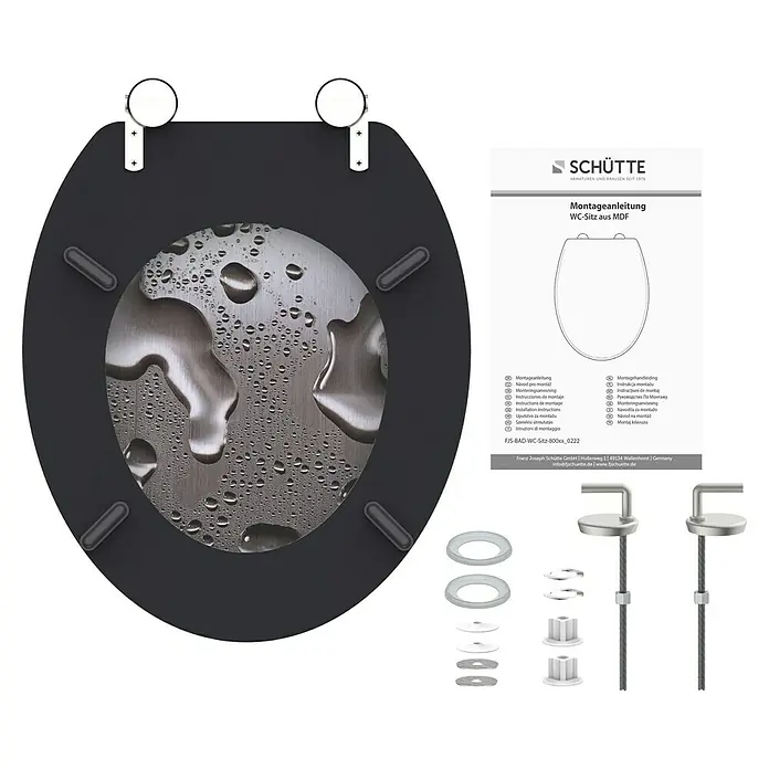 Schütte WC-Sitz Grey Steel - MDF, Grau, Ohne Absenkautomatik - Produktabbildung eines WC-Sitzes von Schütte in Schwarz mit silberfarbenem Wassertropfen-Design und Montageanleitung mit Zubehör.