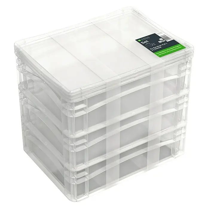 Surplus Systems Eurobox - L x B x H: 40 x 30 x 12 cm, Kunststoff, Transparent, 3 Stk. - Ein Stapel transparente Euroboxen mit Deckeln. Ideal zur Aufbewahrung und Organisation verschiedener Gegenstände.