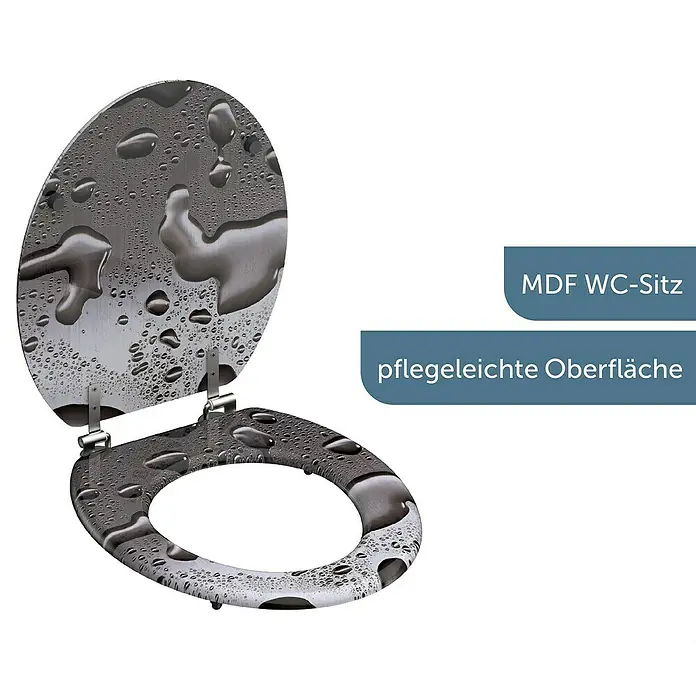 Schütte WC-Sitz Grey Steel - MDF, Grau, Ohne Absenkautomatik - WC-Sitz aus MDF mit pflegeleichter Oberfläche, verziert mit Wassertropfen-Motiv für ein frisches Ambiente im Badezimmer.