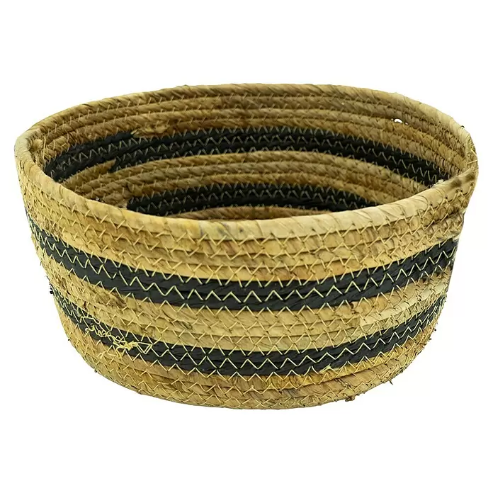 Korb Nala - Ø x H: 20 x 10 cm, Natur/Schwarz - Ein runder geflochtener Korb aus Naturfasern mit schwarzen Querstreifen.