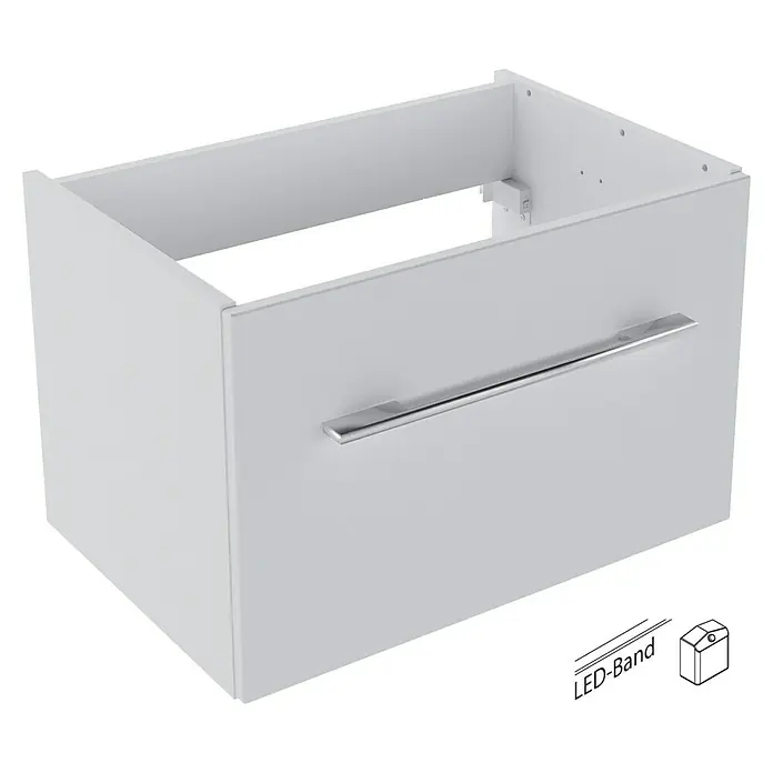 Camargue Stella Waschtischunterschrank - 59,2 x 40,8 x 39 cm, Mit Beleuchtung, Weiß - Moderne Nahaufnahme eines weißen Badezimmerschranks mit einem eleganten, horizontalen Griff. Ein stilvolles Möbelstück für jedes Badezimmer.