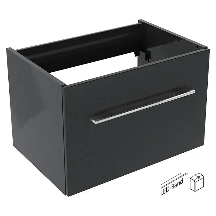 Camargue Stella Waschtischunterschrank - 59,2 x 40,8 x 39 cm, Mit Beleuchtung, Grafit - Abbildung eines modernen, schwarzen Waschtischunterschranks mit einem eleganten, silbernen Griff und zusätzlichen LED-Band Optionen.