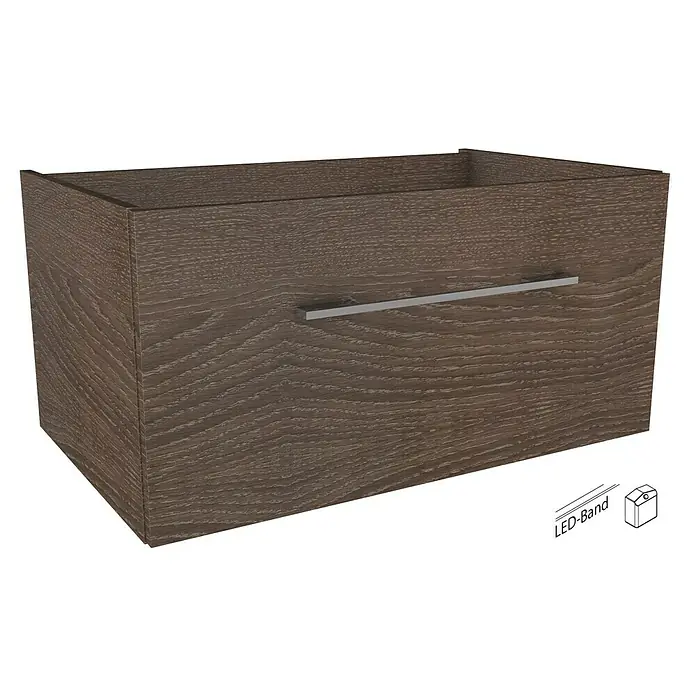 Camargue Stella Waschtischunterschrank - 79,4 x 48,8 x 39 cm, Mit Beleuchtung, Eiche Maron - Ein brauner Waschtischunterschrank mit einem stilvollen, horizontalen Griff und einer Holzmaserung.