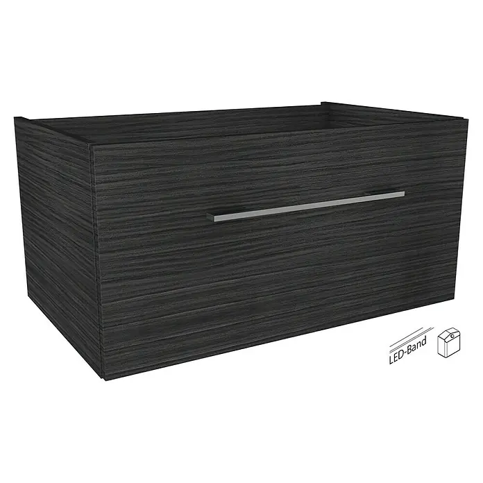 Camargue Stella Waschtischunterschrank - 79,4 x 48,8 x 39 cm, Mit Beleuchtung, Dark Oak - Das Bild zeigt einen modernen Waschbeckenunterschrank in dunkler Holzoptik mit einem schlichten, silberfarbenen Griff.