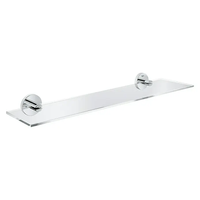 Grohe Essentials Glasablage - Breite: 53 cm, Chrom, Glänzend - Ein transparentes Glasregal mit zwei runden, verchromten Halterungen. Das Regal ist minimalistisch und modern gestaltet.