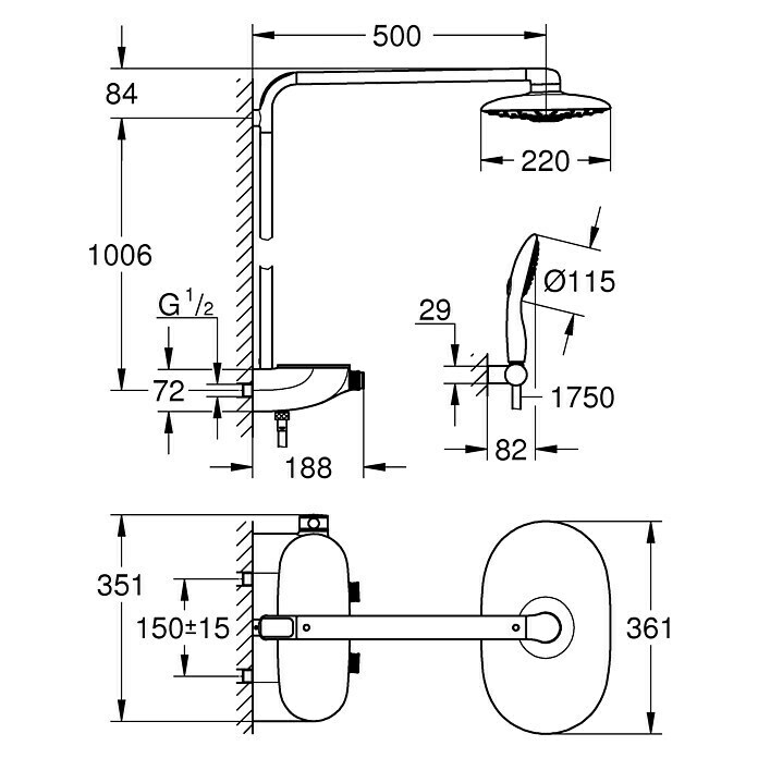 Grohe Duschsystem Rainshower SmartControl 360Mit Thermostatarmatur, Lochabstand: 100,6 cm, Anzahl Strahlarten: 3 Stk., Chrom Unknown