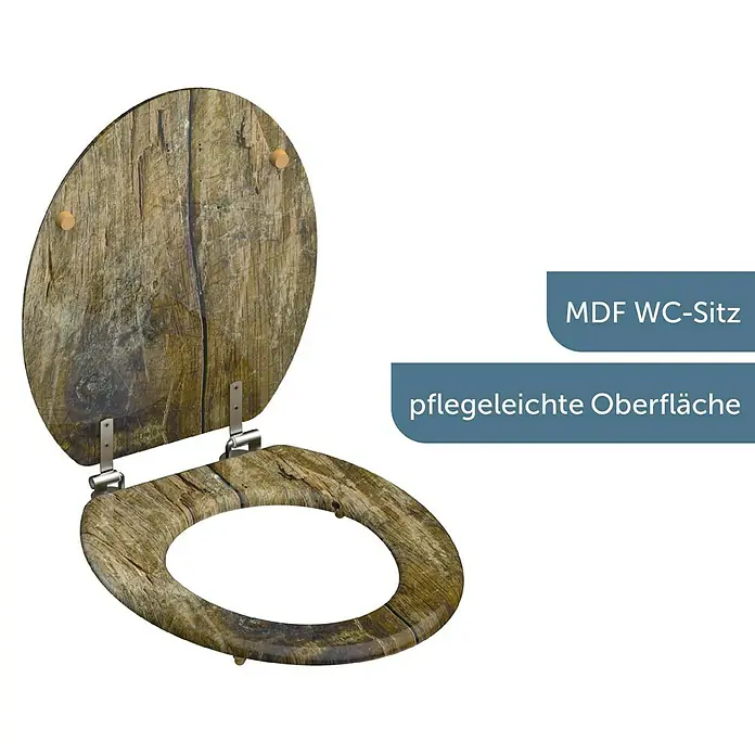 Schütte WC-Sitz Solid Wood - MDF, Braun, Ohne Absenkautomatik - WC-Sitz aus MDF in Holzoptik mit pflegeleichter Oberfläche. Der Toilettendeckel ist geöffnet und zeigt die Holzstruktur.
