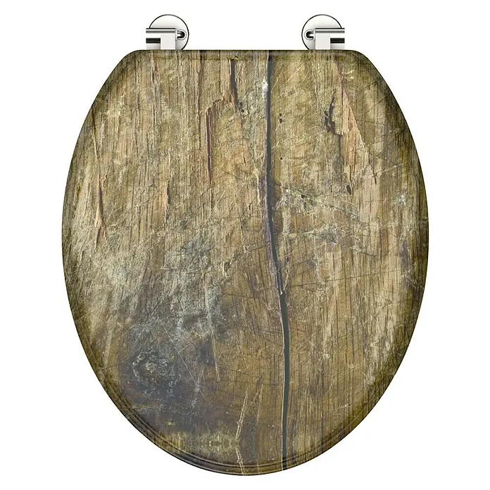 Schütte WC-Sitz Solid Wood - MDF, Braun, Ohne Absenkautomatik - Ein ovaler WC-Sitz mit einem einzigartigen Holzmaserungsmuster und glänzenden Chromscharnieren. Ideal für ein rustikales Badezimmerdesign.