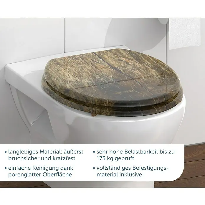 Schütte WC-Sitz Solid Wood - MDF, Braun, Ohne Absenkautomatik - Hier ist eine Nahaufnahme eines WC-Sitzes in Holzoptik auf einer Toilette montiert, der durch seine robuste Bauweise und einfache Reinigung besticht.