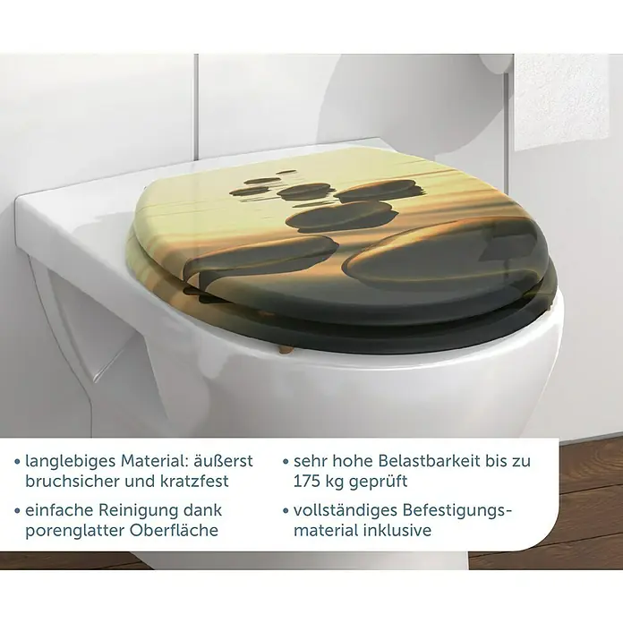 Schütte WC-Sitz Sea Stone - MDF, Mehrfarbig, Ohne Absenkautomatik - Toilettensitz mit Zen-Stein Motiv. Der WC-Sitz ist bruchsicher, kratzfest und leicht zu reinigen dank porenglatter Oberfläche.