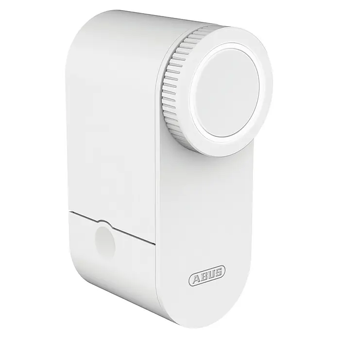 Abus Elektronisches Türschloss LOXERIS CFA4100 W - Bedienung: Über App, Geeignet für: Türen, Weiß - Nahaufnahme eines ABUS HomeTec Pro Türschlossantriebs in Weiß, der für Smart-Home-Sicherheit sorgt.