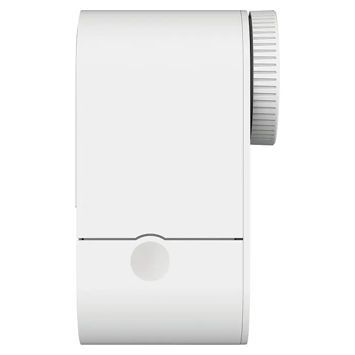 Abus Elektronisches Türschloss LOXERIS CFA4100 W - Bedienung: Über App, Geeignet für: Türen, Weiß - Nahaufnahme eines Heizkörperthermostats in Weiß. Das Thermostat verfügt über einen Drehknopf und ein Display.