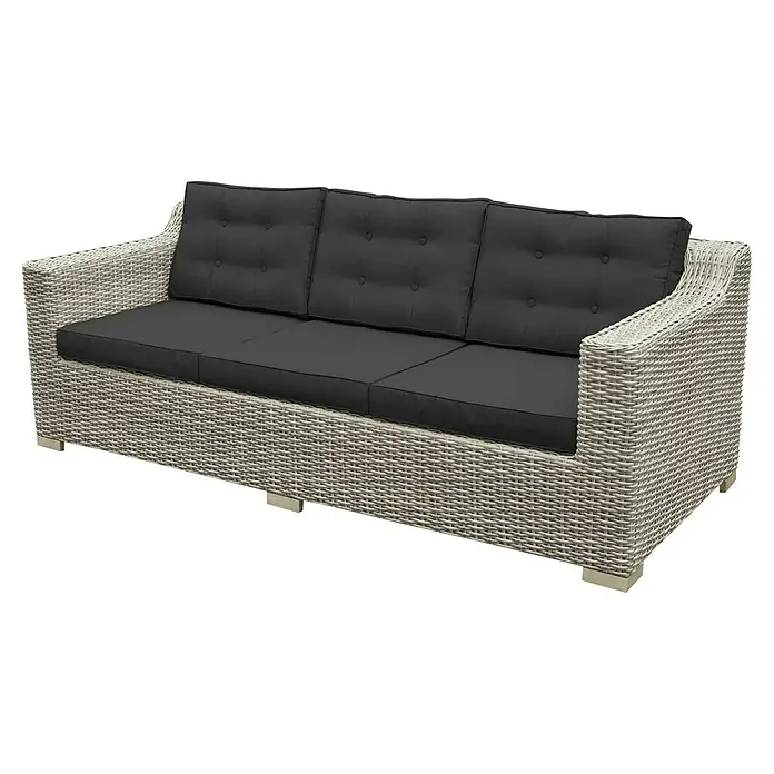 Sunfun Pauline Loungemöbel-Set XXL - 4 -tlg., Polyrattan, Bambusgrau/Anthrazit - Graues Rattansofa mit drei schwarzen Sitz- und Rückenkissen. Ein stilvolles Möbelstück für den Außenbereich.