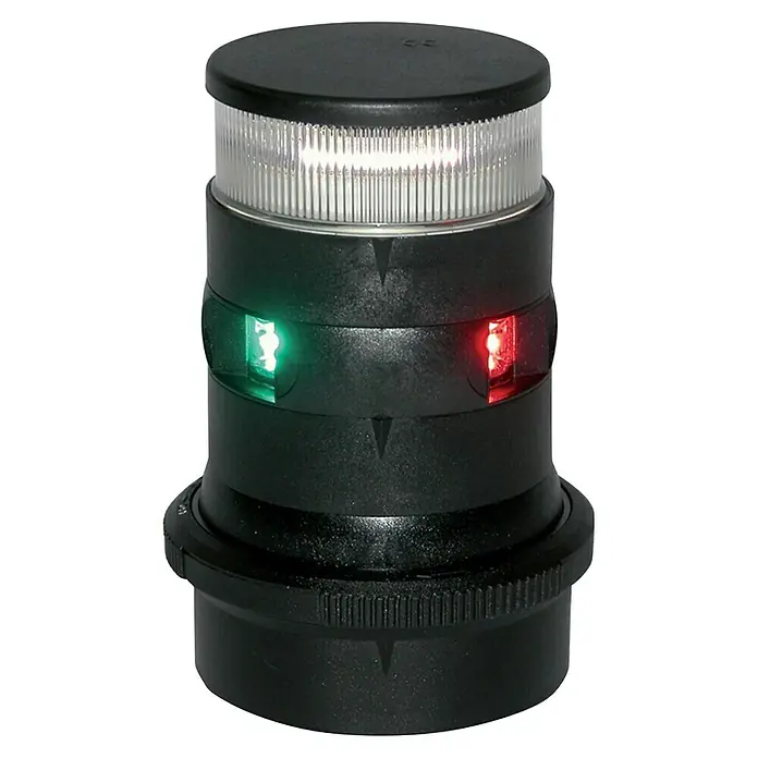Aqua Signal Serie 34 Dreifarben-Navigationslaterne - LED, Tragweite: 2 sm, 12 V - 24 V, Schwarz - Das Bild zeigt eine schwarze Navigationsleuchte mit weißen, grünen und roten LEDs, die für Boote geeignet ist. Sie bietet 360-Grad-Sichtbarkeit.