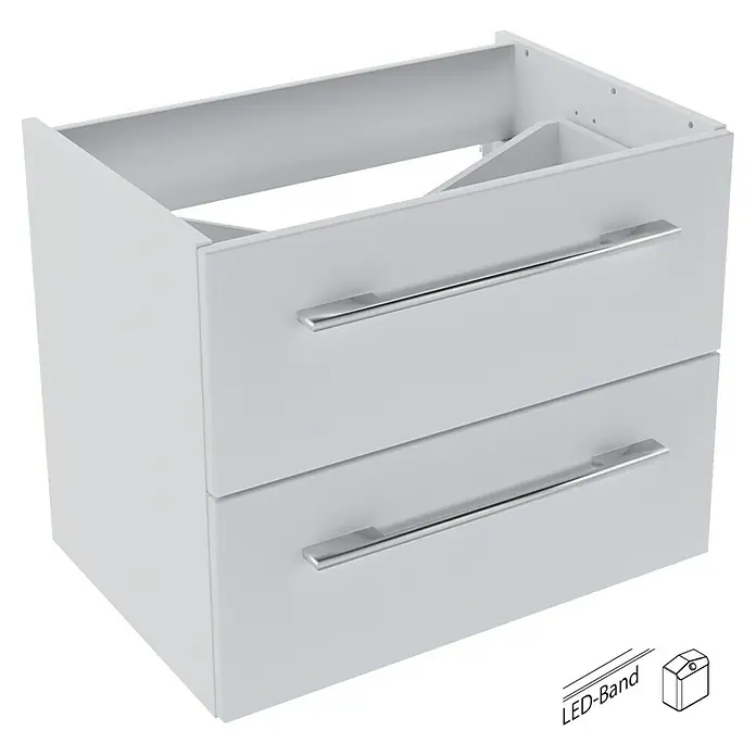 Camargue Stella Waschtischunterschrank - 59,2 x 40,8 x 49 cm, Mit Beleuchtung, Weiß - Ein moderner Badezimmerschrank in Weiß mit zwei Schubladen und silbernen Griffen. Perfekt für jedes moderne Badezimmerdesign.