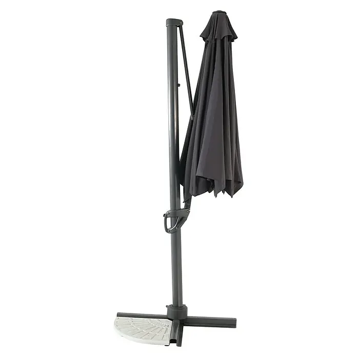 Sunfun Parasol de jardín Ligurien - Antracita, Diámetro de cobertura: 300 cm - Una sombrilla voladiza gris plegada con una base gris estable. Ideal para el jardín o el patio, proporcionando sombra.