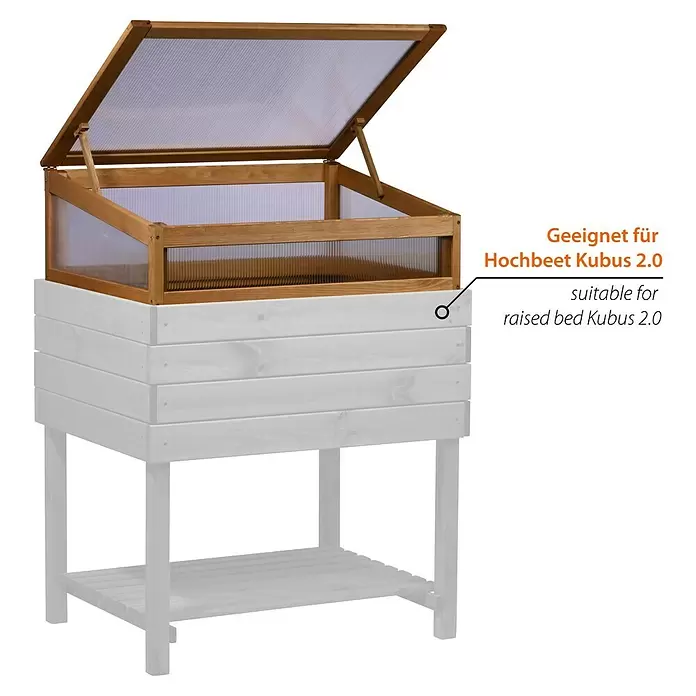 Dobar Frühbeet-Aufsatz Kubus 2.0 - L x B x H: 76 x 56 x 28 cm, Hellbraun - Hölzernes Frühbeet mit transparenten Wellplatten, passend für ein Hochbeet. Deckel offen.