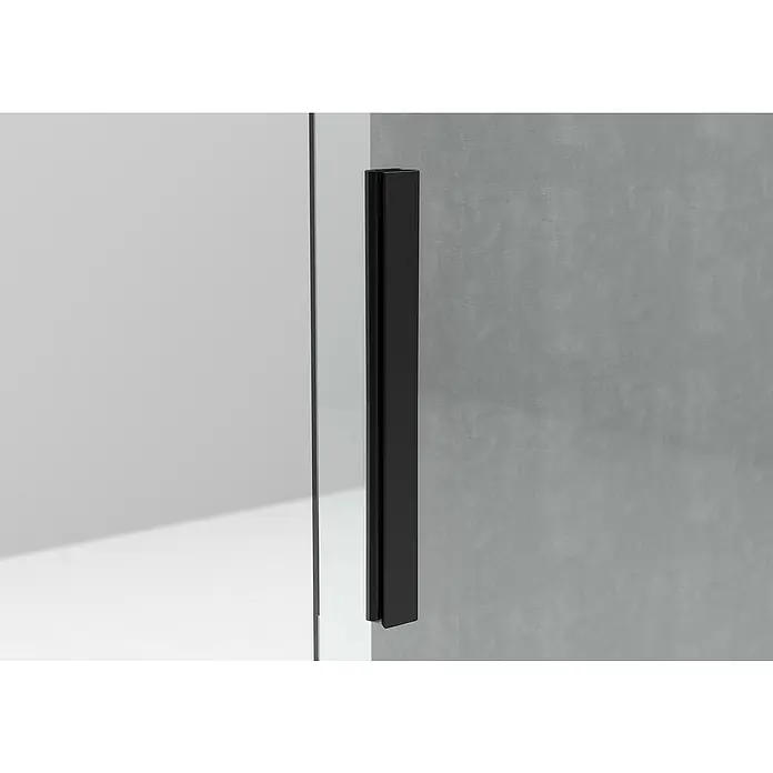 Entravia Griffleisten-Set - Schwarz, 400 x 37 mm - Detailaufnahme eines modernen, schwarzen Türgriffs an einer Glastür vor einem grauen Hintergrund, der das minimalistische Design hervorhebt.
