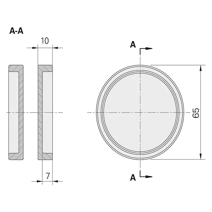 Entravia Griffmuschel - Silber, Rund - Technische Zeichnung eines kreisförmigen U-Profils. Außendurchmesser 65mm, Kanalbreite 10mm.