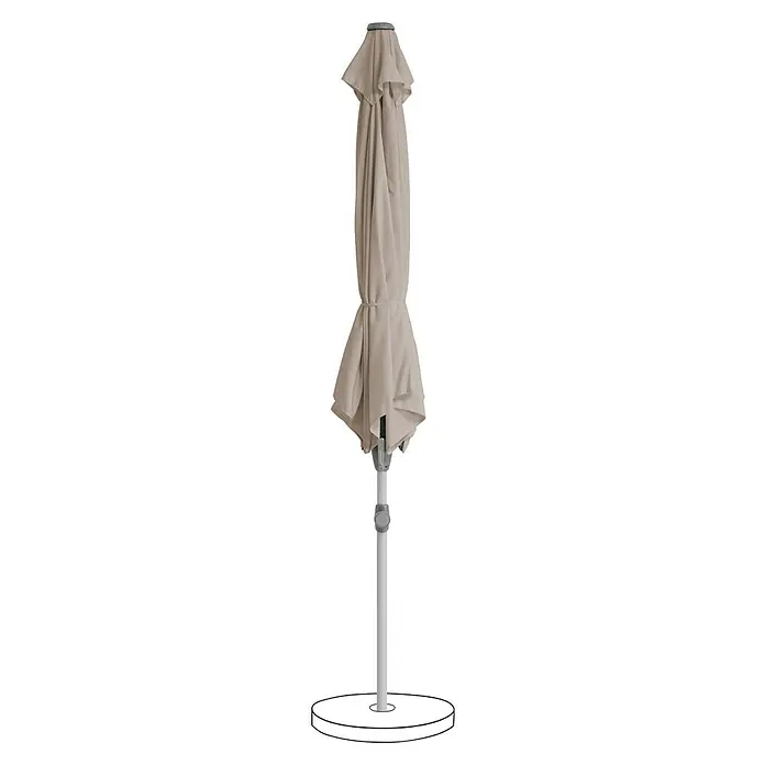 Suncomfort Marktschirm Shell-Turn - Light Taupe, Durchmesser Bespannung: 300 cm - Abgebildeter geschlossener Strandschirm mit Ständer. Ideal für sonnige Tage, bietet Schutz vor UV-Strahlen und ist leicht zu transportieren.