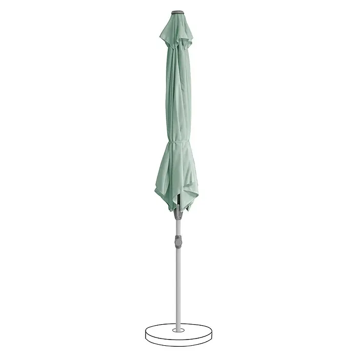 Suncomfort Marktschirm Shell-Turn - Frost Grün, Durchmesser Bespannung: 300 cm - Ein geschlossener, hellgrüner Sonnenschirm mit einem weißen Ständer, ideal für den Garten oder die Terrasse, bietet Schatten und Schutz vor der Sonne.
