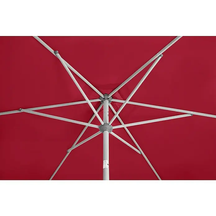 Suncomfort Marktschirm Shell-Turn - Aurora Rot, Durchmesser Bespannung: 300 cm - Unterseite eines roten Sonnenschirms mit grauem Gestell.