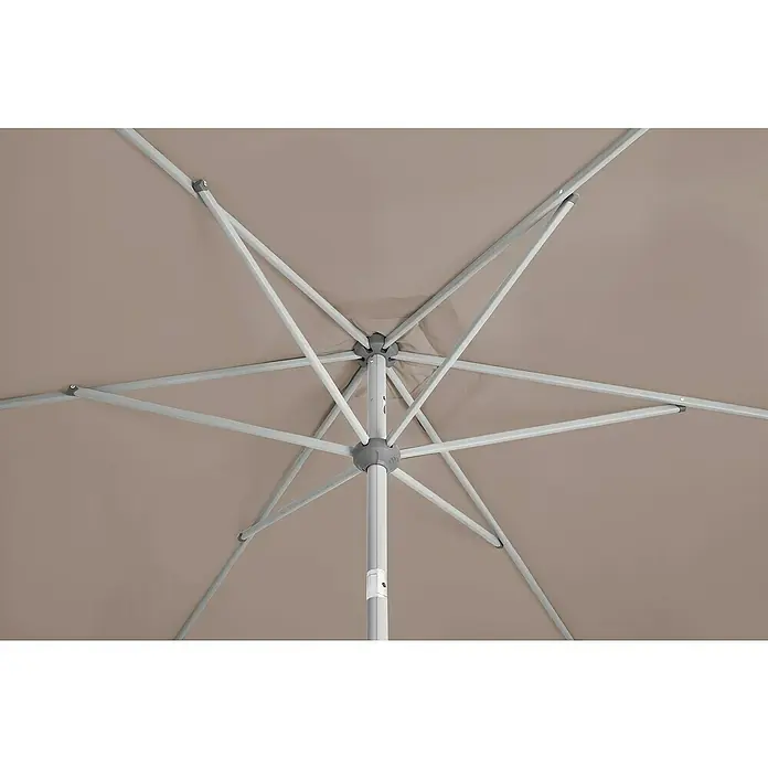 Suncomfort Marktschirm Shell-Turn - Light Taupe, Durchmesser Bespannung: 300 cm - Detailaufnahme eines geöffneten Sonnenschirms von unten. Metallstreben und beiges Stoffdach sind gut sichtbar.
