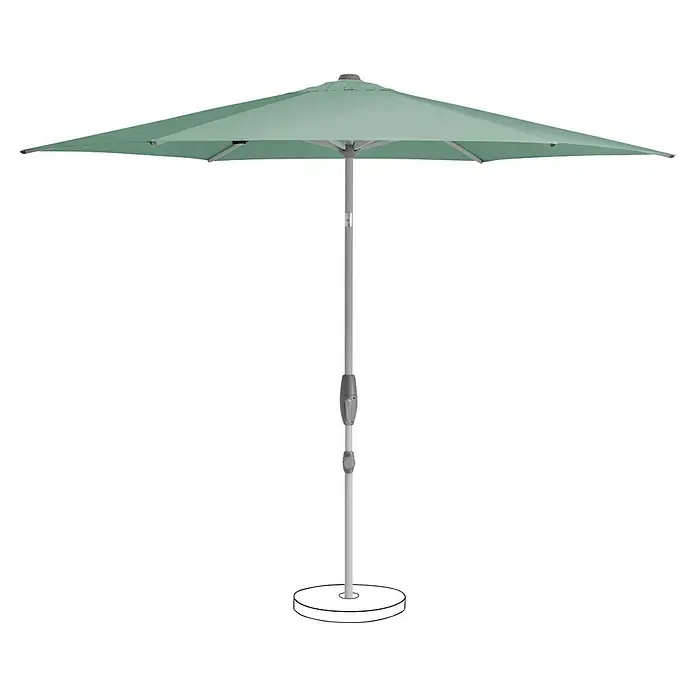 Suncomfort Marktschirm Shell-Turn - Frost Grün, Durchmesser Bespannung: 300 cm - Ein grüner Sonnenschirm mit einem stabilen, silberfarbenen Ständer bietet angenehmen Schatten im Freien.